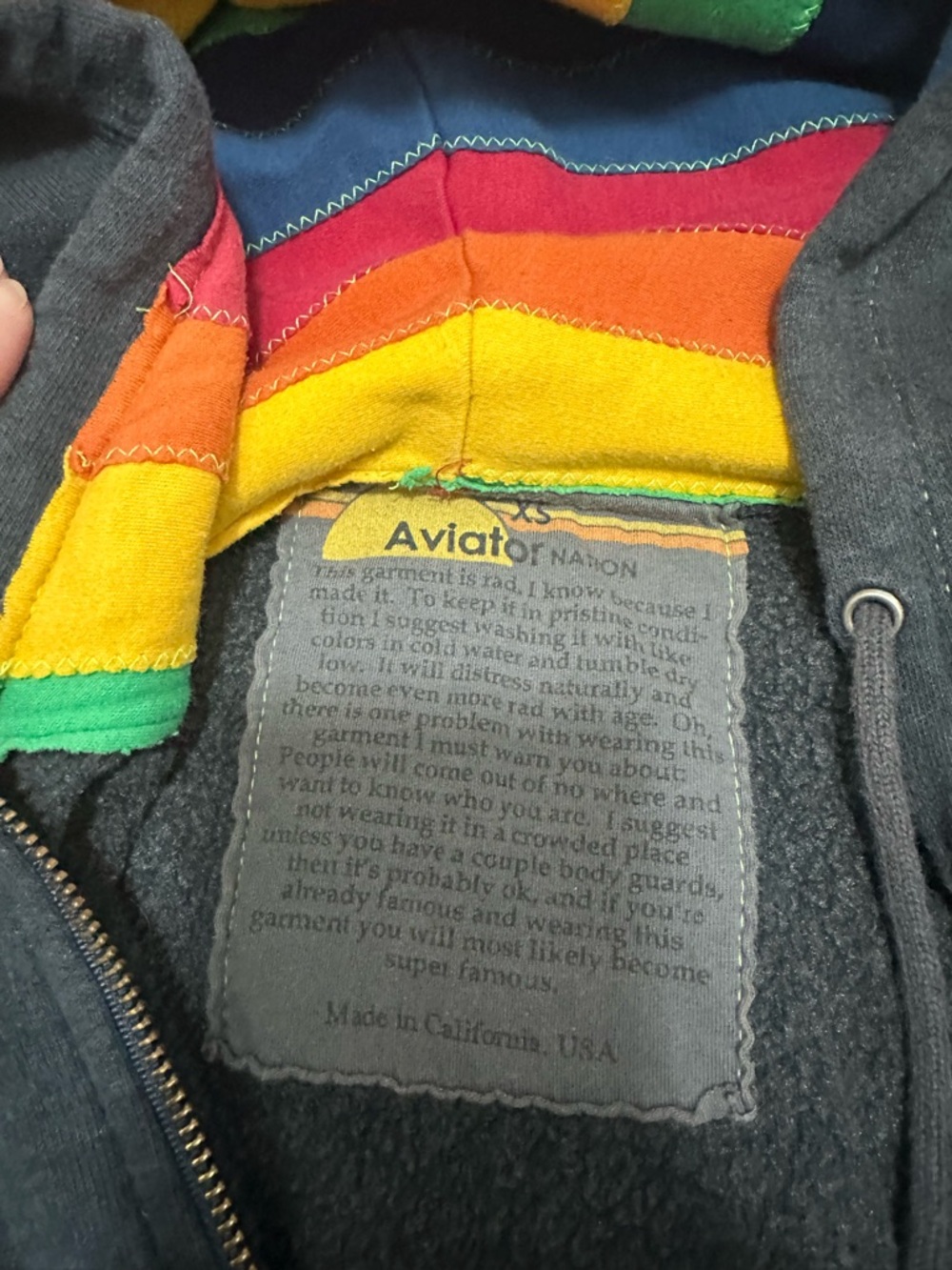 Aviator Nation Navy Zip-Up Hoodie with Rainbow Stripe Sleeve - Picture 2 of 3